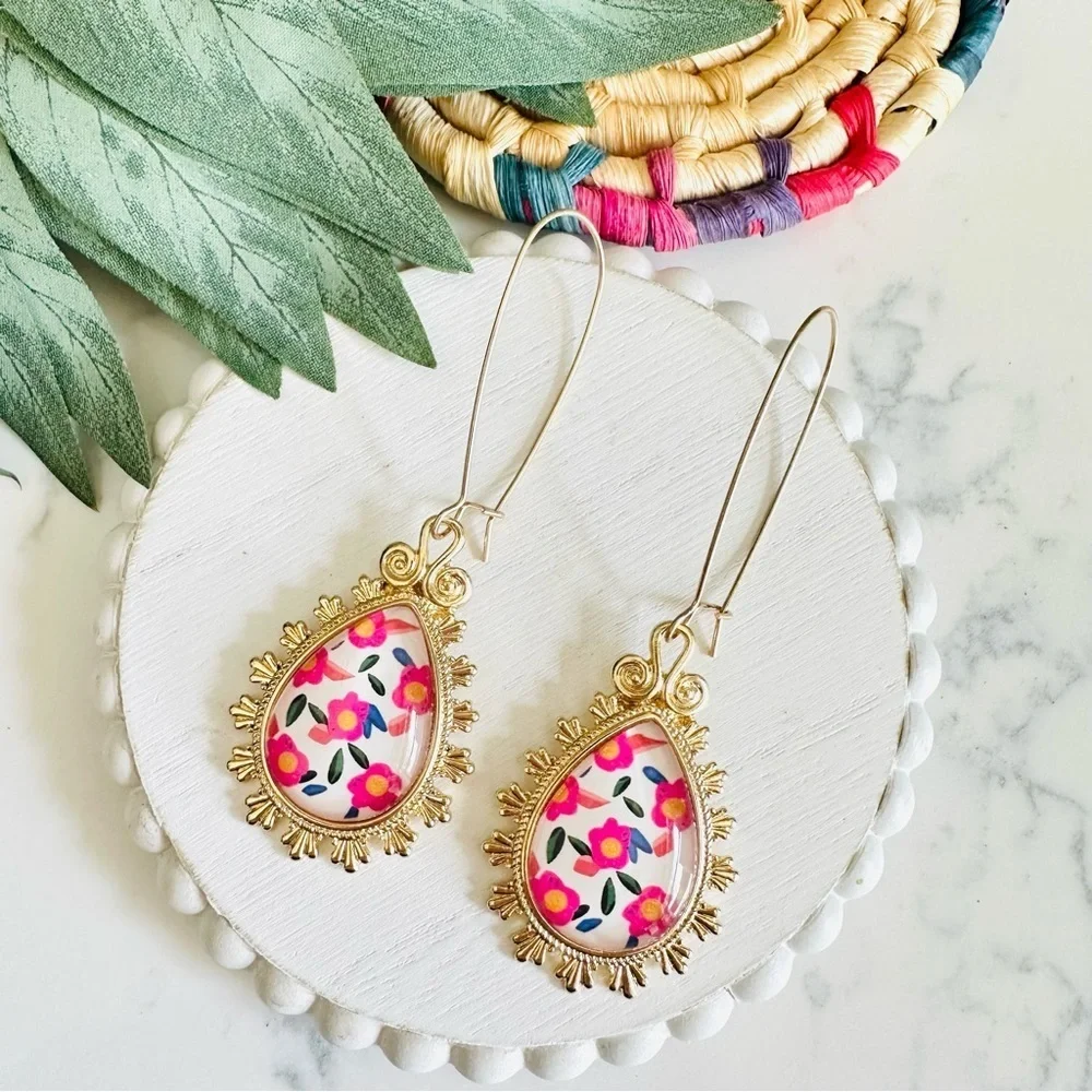 2/$30🌵 Gold Pink Floral Teardrop Cabochon Earrings NEW Jewelry Gift Long Dangle